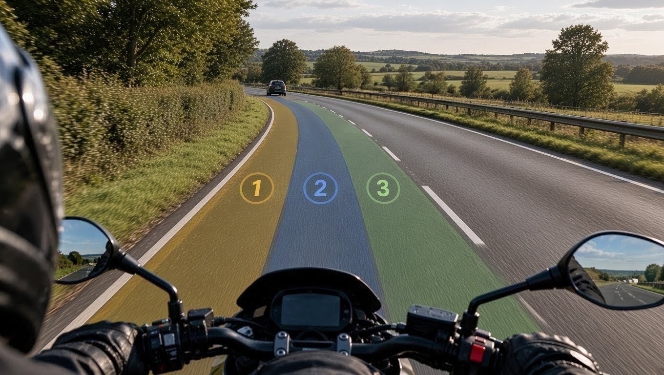 Motorcycle positions on a left hand turn